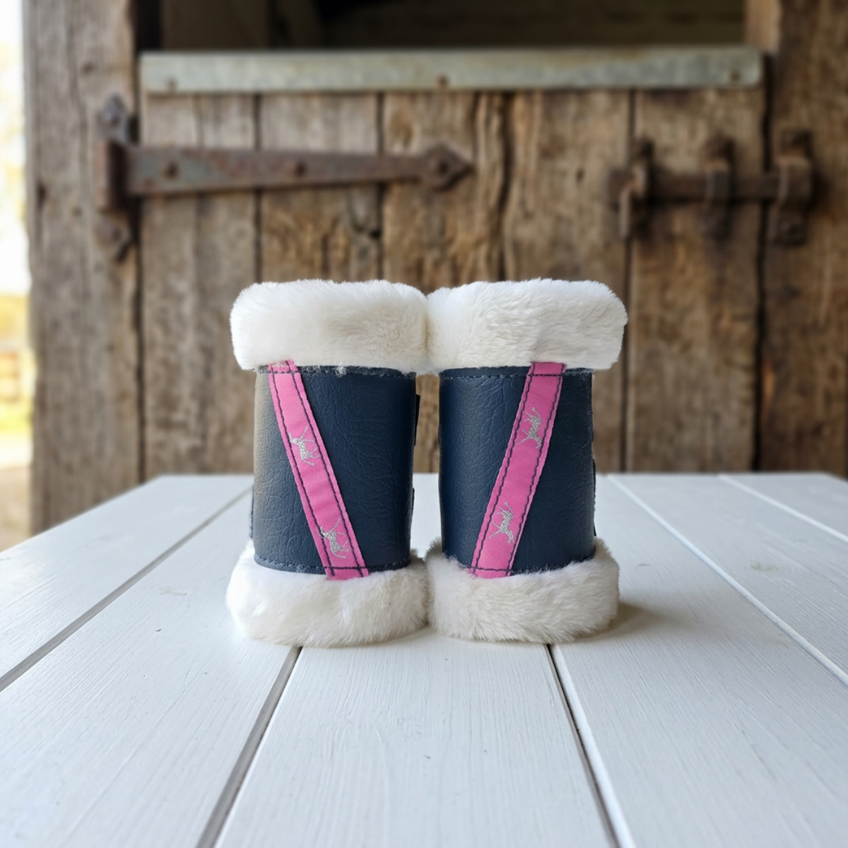 Minky Stable Boots| Navy With Pink Horse Detail