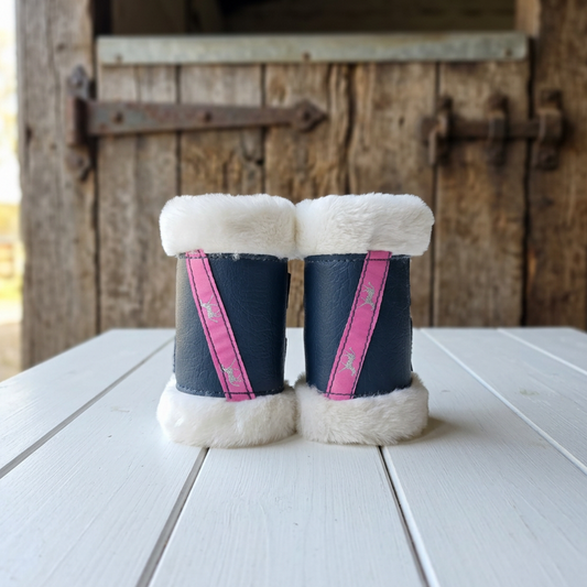 Minky Stable Boots| Navy With Pink Horse Detail